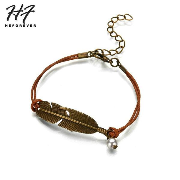 

retro copper leaf shaped bracelets for women leather & pearl cool girl style neaklace fashion jewelry kb199 link, chain, Black