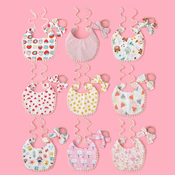 

baby bibs newborn burping cloths girls boys accessories flower headband 2pcs set cotton print lace bows hairband infant feeding cartoon b710