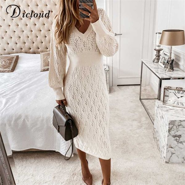 

dicloud beige sweater dress woman autumn elastic long sleeve v neck elegant hollow midi party dresses knitted fashion 211023, Black;gray