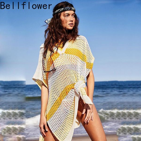 

women's swimwear patchwork irregular bikini cover up beach dress contrasting color v neck bat sleeve stripe fashion see through wear, White;black