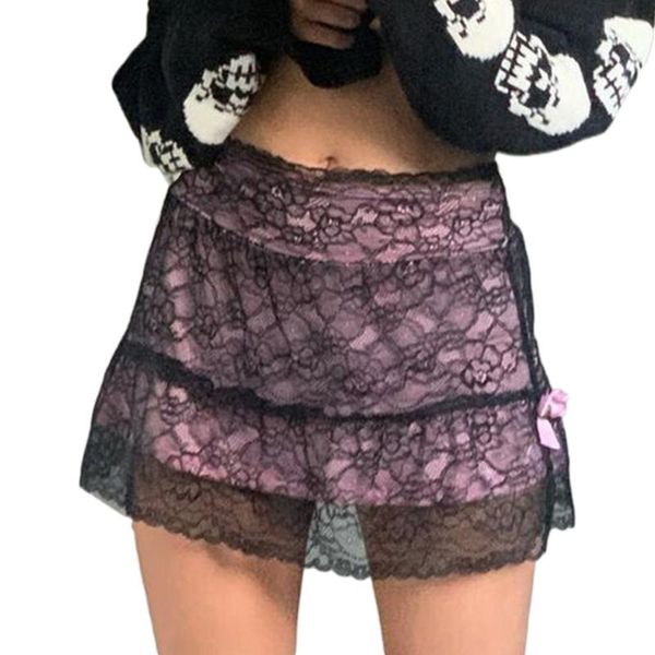 

skirts women double layer sheer floral lace slim mini skirt with lining harajuku gothic bowknot a-line high waist vintage streetwe, Black