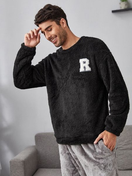 

men letter patched drop shoulder teddy pj 87ow#, Black;brown