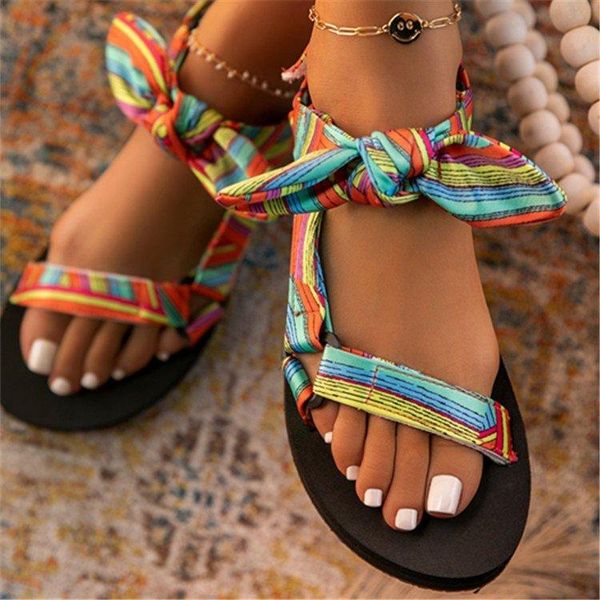 

sandals women color flat casual lace up bow shoes for ladies summer fashion 2021 outdoor leopard beach footwear plus size, Black