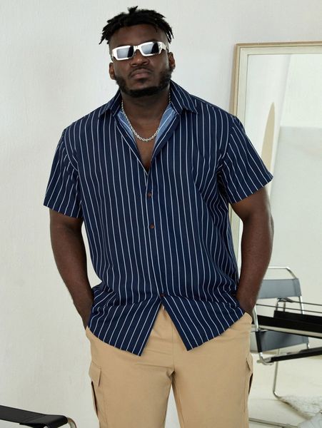 

extended sizes men striped print shirt t66y#, White;black