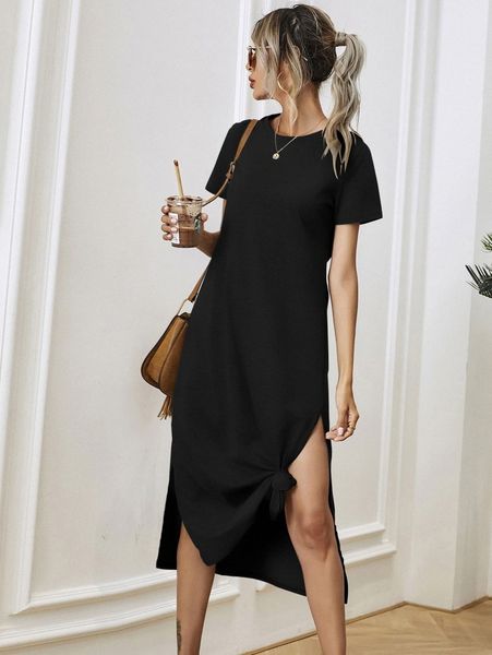 

solid split hem tee dress i1zv#, Black;gray