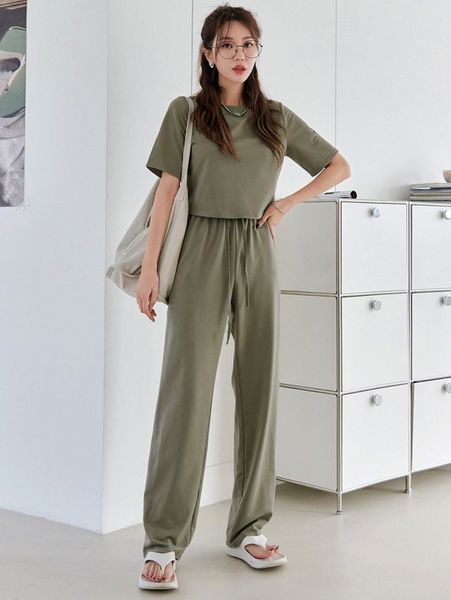 

dazy solid tee & drawstring waist pants v3tt#, White