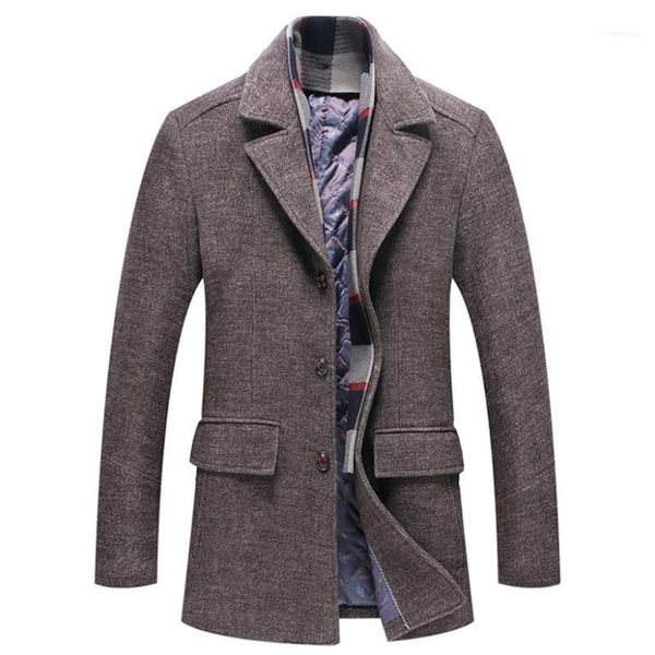 

winter men's thickened lapel scarf woolen coat jacket mid-length coat1, Black