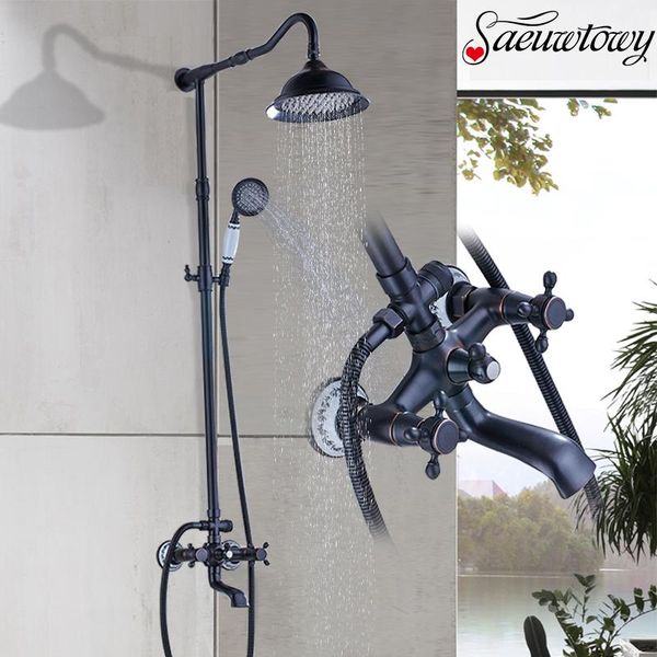 

oil rubbed bronze shower faucet wall 8" brass rain shower faucet set rotatble spout bathtub ceramic handle