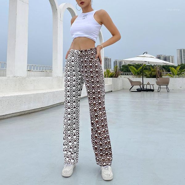 

women's pants & capris 2021 women fashion straight-leg with pockets brown heart and plaid printed pattern high waist trousers ladies ca, Black;white