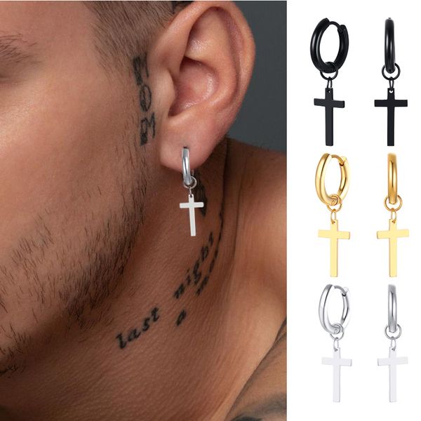 

stainless steel earring with cross charm for guys men's jewelry, Golden