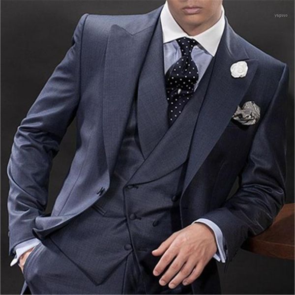 Erkekler Takım Elbise Blazers Lacivert İtalyan Erkekler Suit 3 Parça Kruvaze Resmi Sıska Özel Balo Blazer Masculino 096 (Ceket + Pantolon + Yelek + T