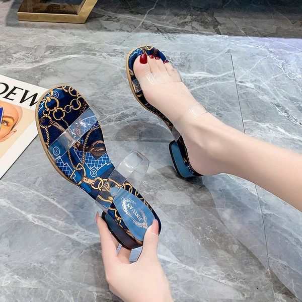 

slippers women's thick heel 2021 summer mid-heel transparent, Black