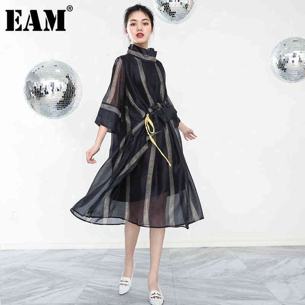 

[eam] women striped perspective mesh split long dress turtleneck three-quarter sleeve fashion spring autumn 1t55401 21512, Black;gray