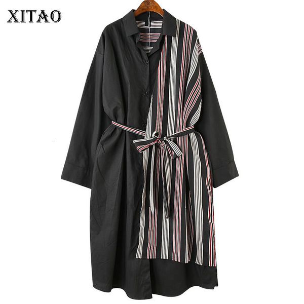 

casual dresses [xitao] korea fashion female spring summer new full sleeve turn-down collar striped patchwork bandage lyh3233 xx5b, Black;gray