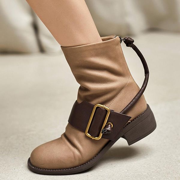 

boots fashion ladies thick heel high black apricot metal decorative winter