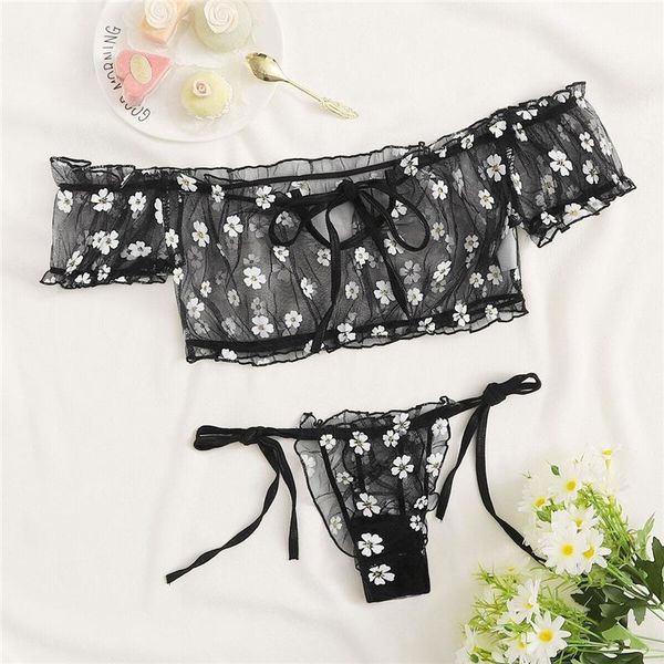 

one-piece suits women's floral print sheer mesh lingerie set off shoulder see-through crop and panties two-piece suit for honeymoon swi