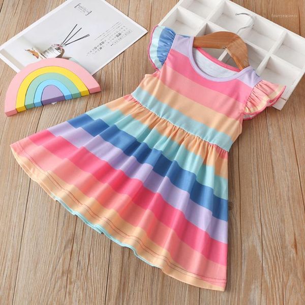 

girl's dresses summer kids for girls sleeve o neck striped rainbow princess pageant gown birthday party dress drop1, Red;yellow