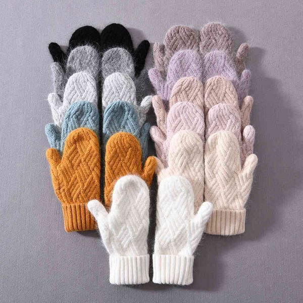 

women cashmere knit mittens winter female wool thickening plush fashion warm full finger gloves, Blue;gray
