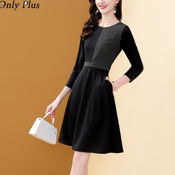 

casual dresses only plus striped dress women's autumn 2021 slim temperament stitching o-neck all-match little black a-line vestidos, Black;gray