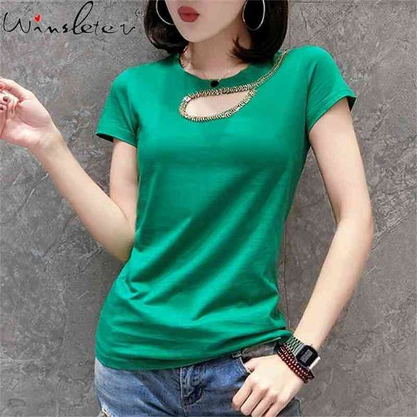 

t shirt women cut out cotton o-neck short sleeve tee casual korean fashion hollow slim tshirt female t05226b 210421, Black;gray