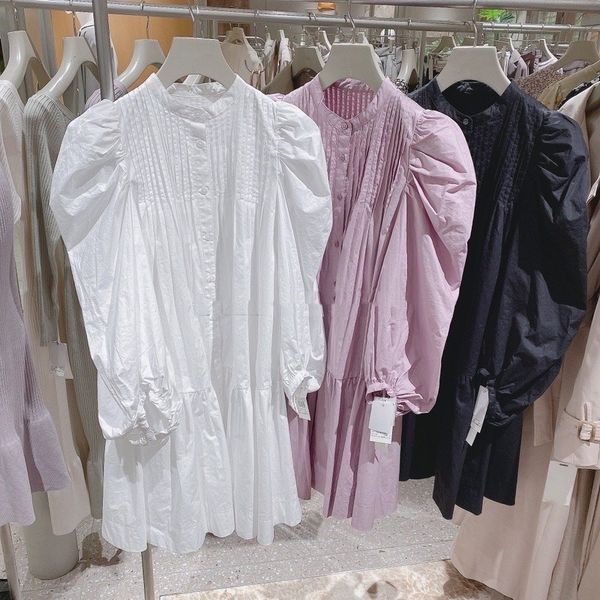 

neploe fresh sweet single breasted women dress spring japan style puff long sleeve vestidos o neck shirts dresses 210510, Black;gray