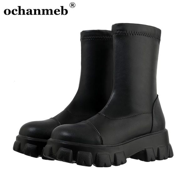 

boots ochanmeb trendy thick platform gothic for women stretch pu suede leather sock slip on chunky heels sneakers shoes 46, Black