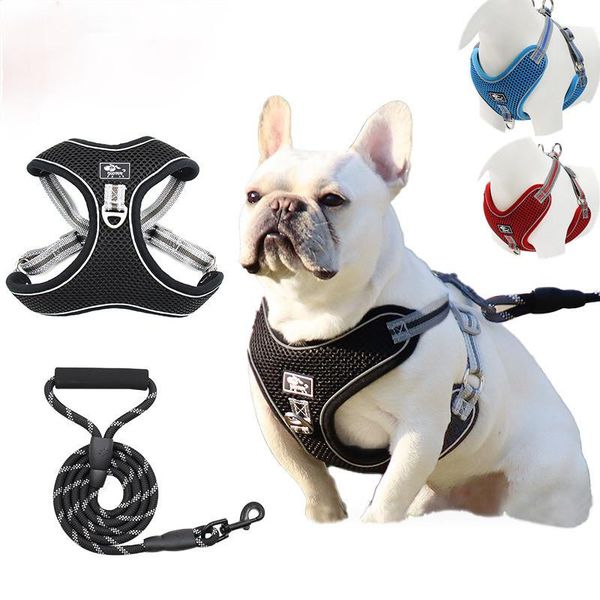 

dog collars & leashes harness leash set pet reflective breathable adjustable for vest collar outdoor walking supplies