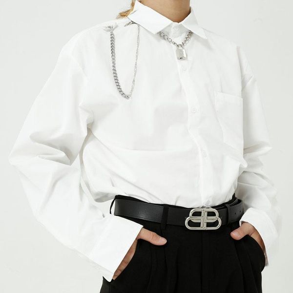 

male japan korea streetwear fashion hip hop black white shirt men long sleeve casual chain pendant men's shirts, White;black