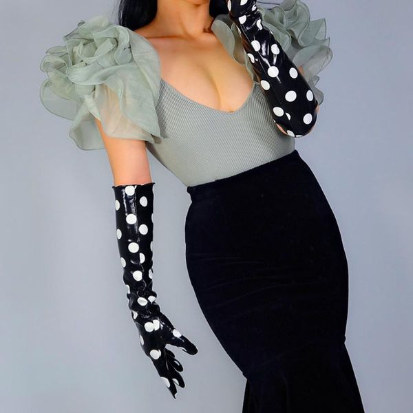 

sports gloves long leather men women patent black white dots wide cuffs s2659