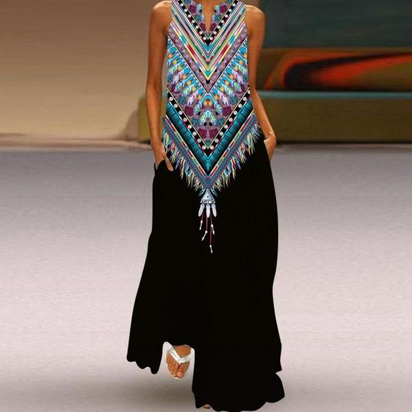 

casual dresses women vintage print summer long dress v neck sleeveless party ladies fashion elegant loose beach vestido, Black;gray