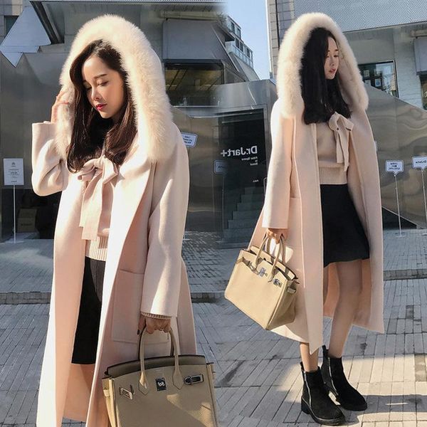 

women's wool & blends autumn and winter women long sleeve tweed coat female thickening warm woolen overcoat trench, Black