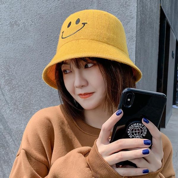 

bucket hat fisherman's autumn and winter versatile knitting smiling face woolen cloth british basin, Blue;gray