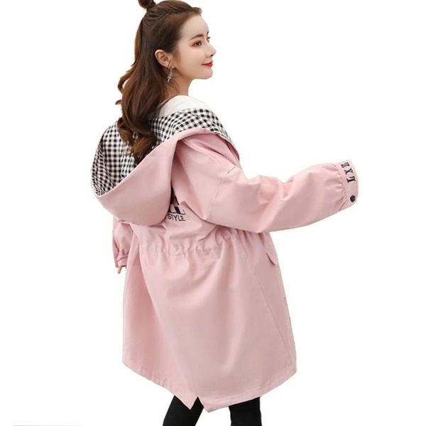 

women's trench coats plus size coat women spring autumn cotton hooded windbreaker students embroidery casual thin female a2857, Tan;black