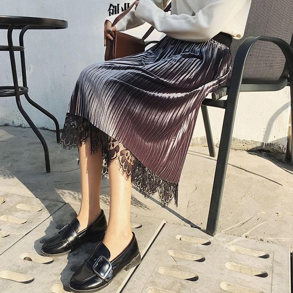 

skirts doubleface gold velvet&lace womens high waisted mid-calf elastic female skirt pleated long midi femme jupe, Black