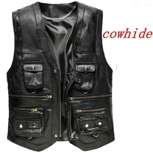 

cowhide genuine leather vest men brown waistcoat male sleeveless jacket thick motorcycle plus size multi pocket zipper 210925, Black;white