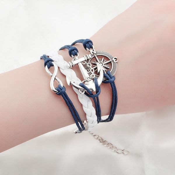 

beaded, strands design retro fashion hand woven compass anchor multilayer leather bracelet sbr210043, Black