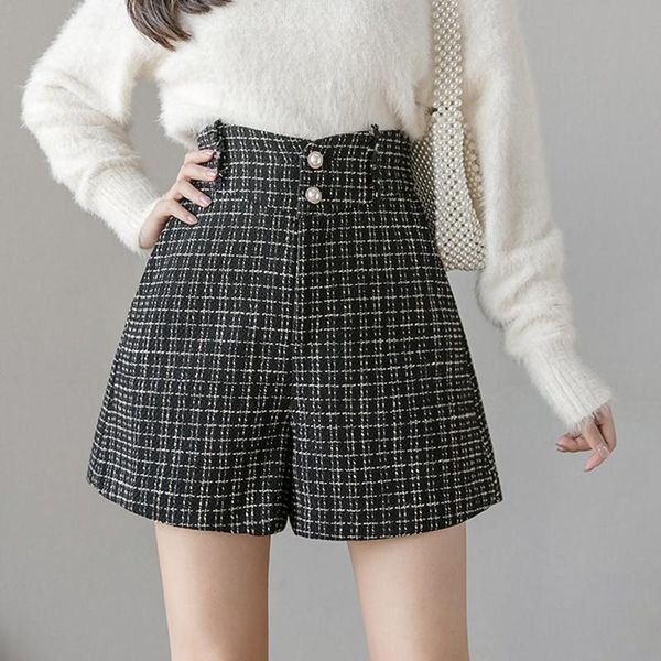 

women's shorts women pearl buttons high waist wool plaid black draped female leisure slim short trousers quality s7mf, White;black