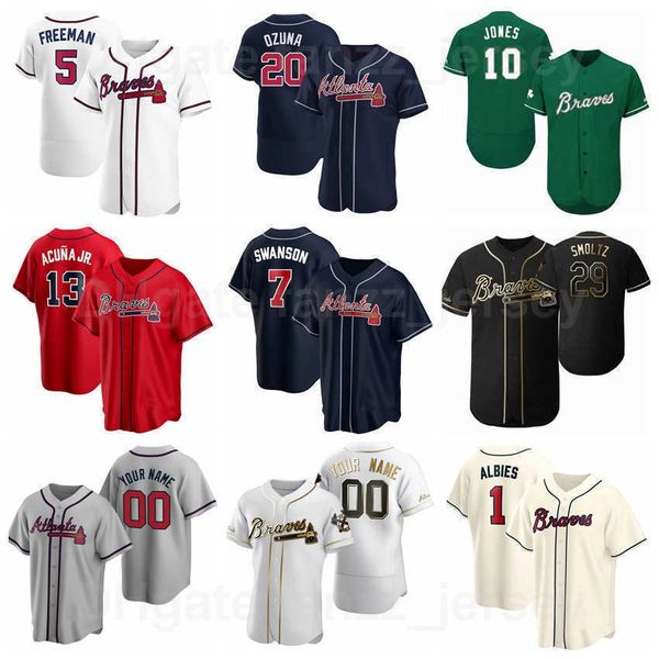 

baseball 1 ozzie albies jersey 20 marcell ozuna 13 ronald acuna jr 5 freddie an 7 dansby swanson 27 austin riley team navy blue white red gr, Blue;black