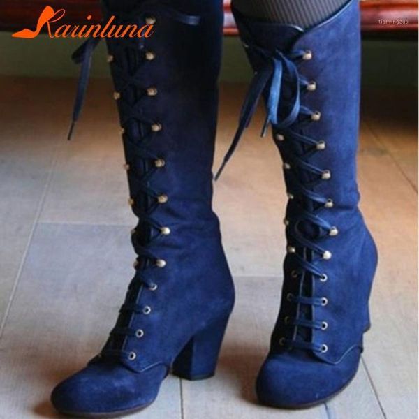 

boots karin 2021 arrivals chunky high heels mid calf woman shoes lace up add fur autumn winter ladies1, Black