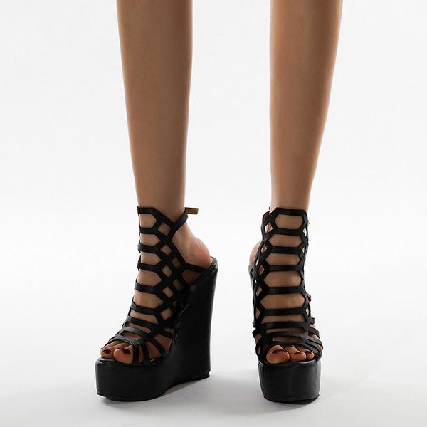 

sandals women's wedge platform gladiator plus size 35-42 buckle hollow peep toe high heels summer footwear shoes for women, Black