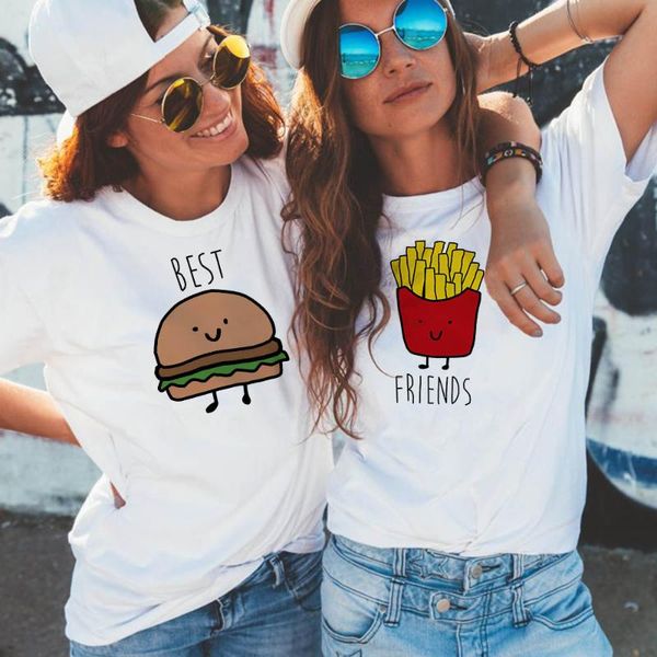 

women's t-shirt burger and fries print graphic t shirts bff friend hamburger sisters summer women aesthetic tumblr tees ropa de mujer, White