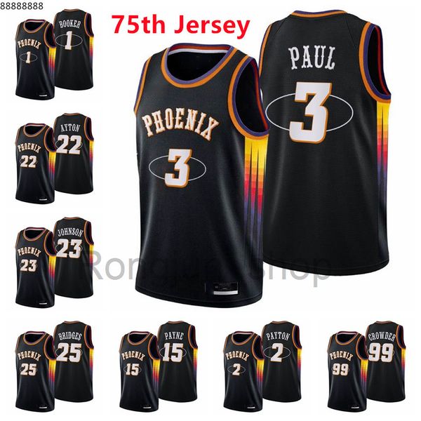 

2021-22 75th anniversary diamond printed mens basketball devin booker 1 chris paul 3 deandre ayton elfrid payton cameron johnson mikal bridg, Black