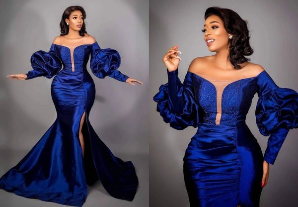 

modern off shoulders poet sleeves mermaid evening prom dresses 2022 with train side slit satin pleated bridesmaid party cocktail dress, Black;red