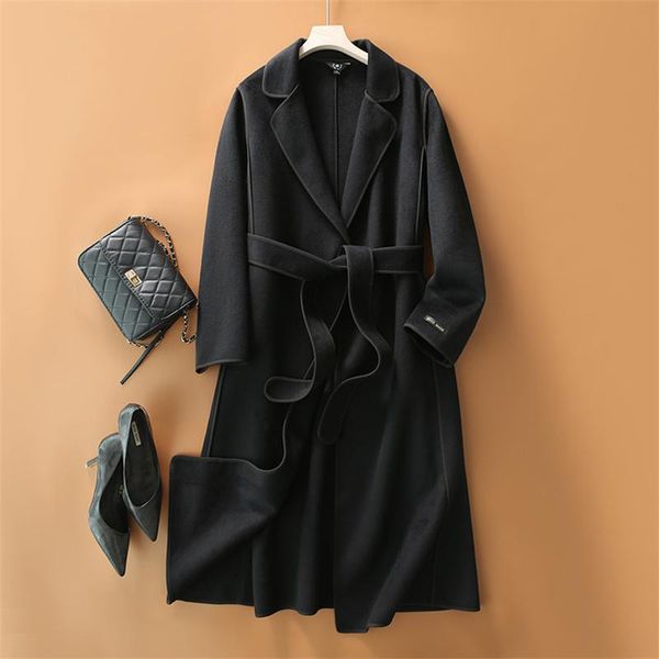 

women's wool & blends hand made 10-29%cashmere 81-90%wool coat fashion belted 2021 autumn winter office lady black long k083