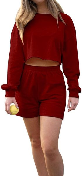 

women's tracksuits donsignet women shorts sets 2021 solid color short crop sports long sleeve sweatshirt set autumn fashion two pie, Gray
