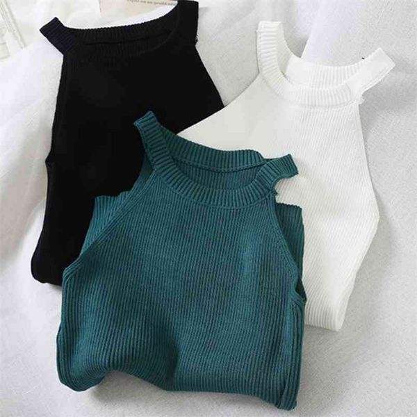 

wwenn halter women crop off shoulder knitted tank female o-neck sleeveless solid casual for 210507, White