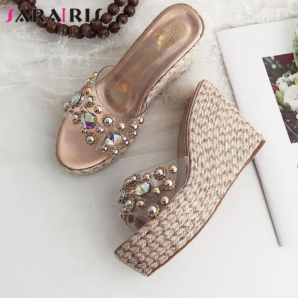 

slippers sarairis summer brand design decorating comfort high wedges slides women 2021 casual platform shoes woman, Black