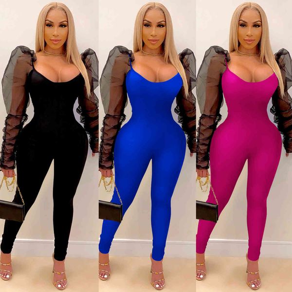 

women's jumpsuits & rompers selling spring and summer 2021 tight solid color leisure mesh bubble pile sleeve one-piece pants c, Black;white