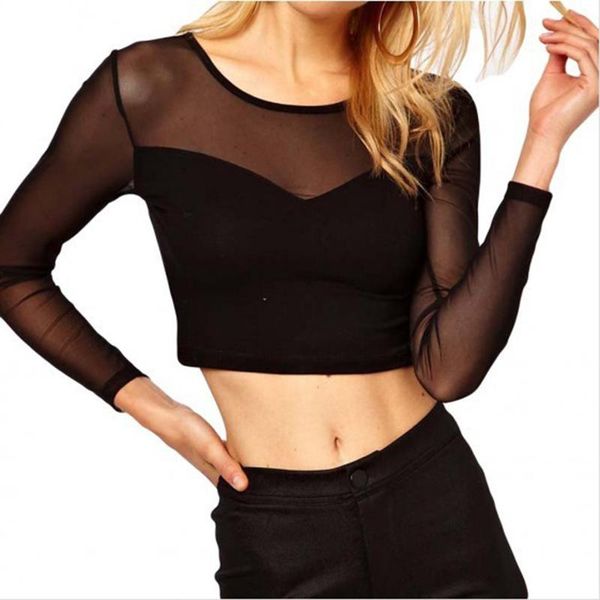 

women's t-shirt summer women t shirt crop o-neck long sleeve mesh blouse lady casual mujer tee harajuku, White