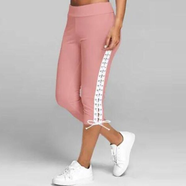 

women's pants & capris fashion women high waist cropped trousers elastic side lace up bandage leggings plus size solid casual sweatpant, Black;white